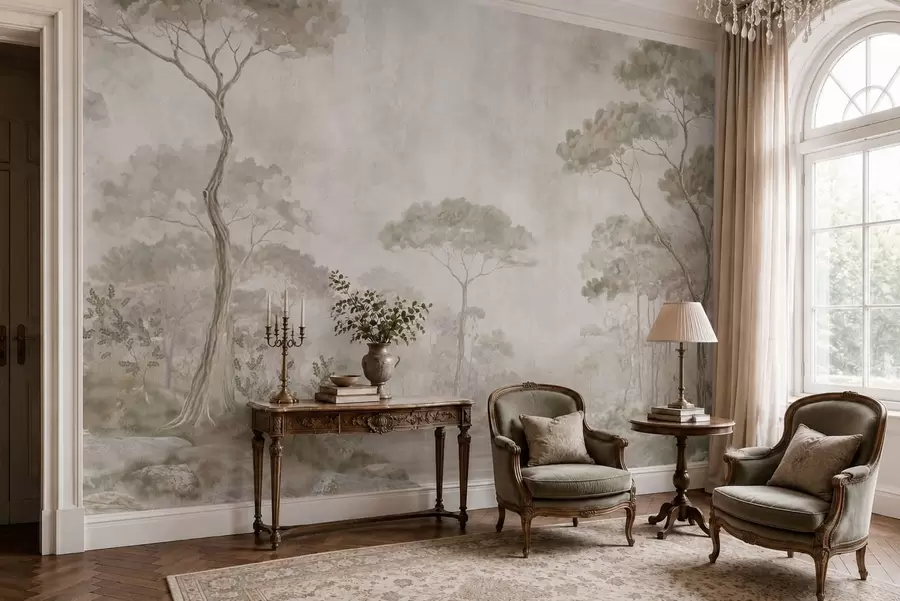 wall murals Misty forest by calm water in soft natural pastel tones w05817