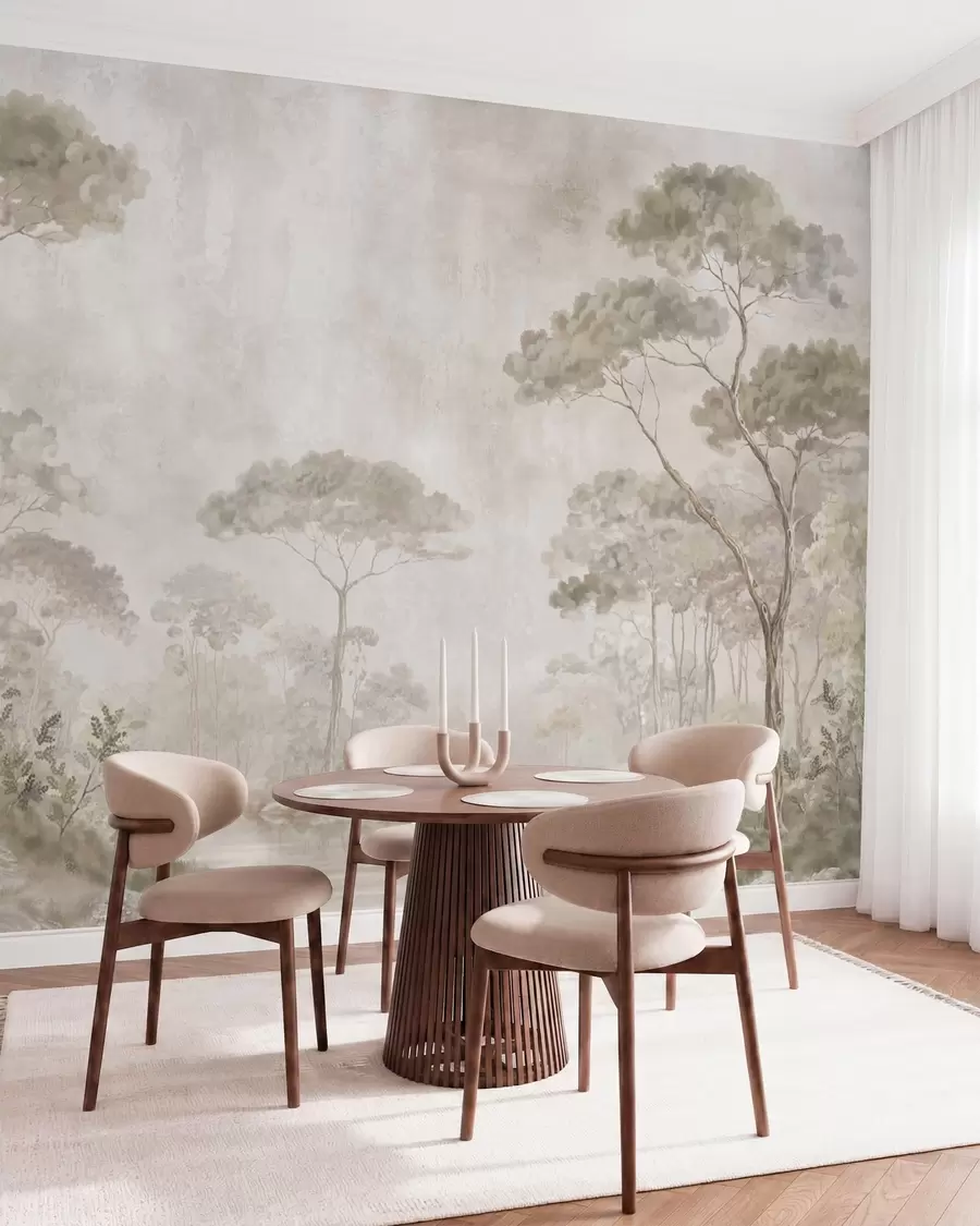 wall murals Misty forest by calm water in soft natural pastel tones w05817