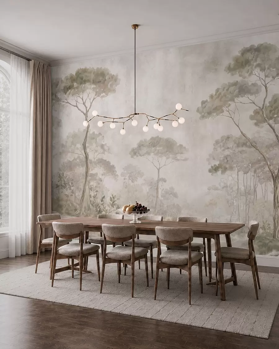 wall murals Misty forest by calm water in soft natural pastel tones w05817