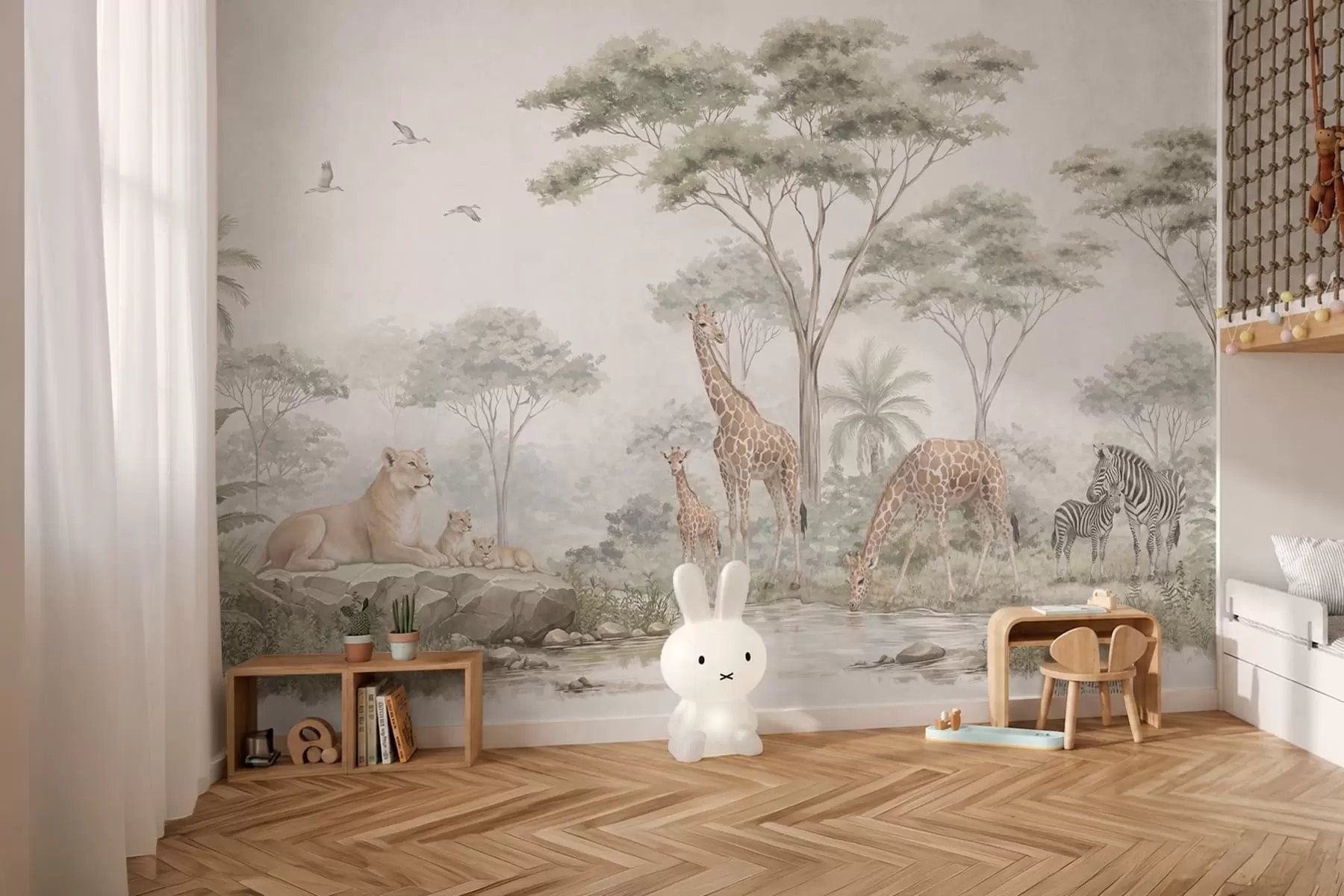 wall murals Safari with giraffes, lions, zebras and tropical trees w05804