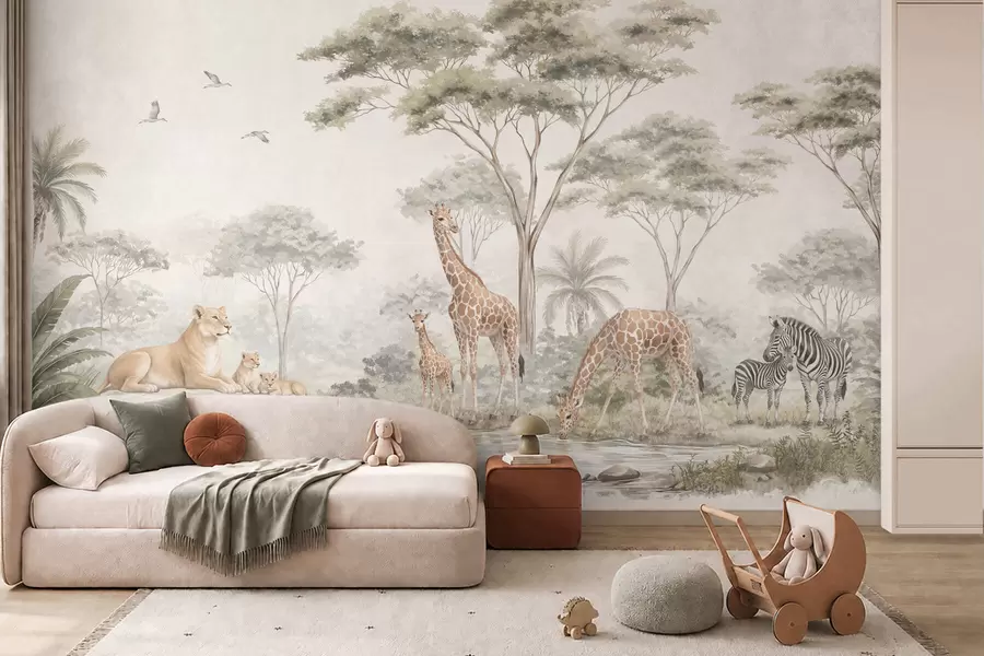 wall murals Safari with giraffes, lions, zebras and tropical trees w05804