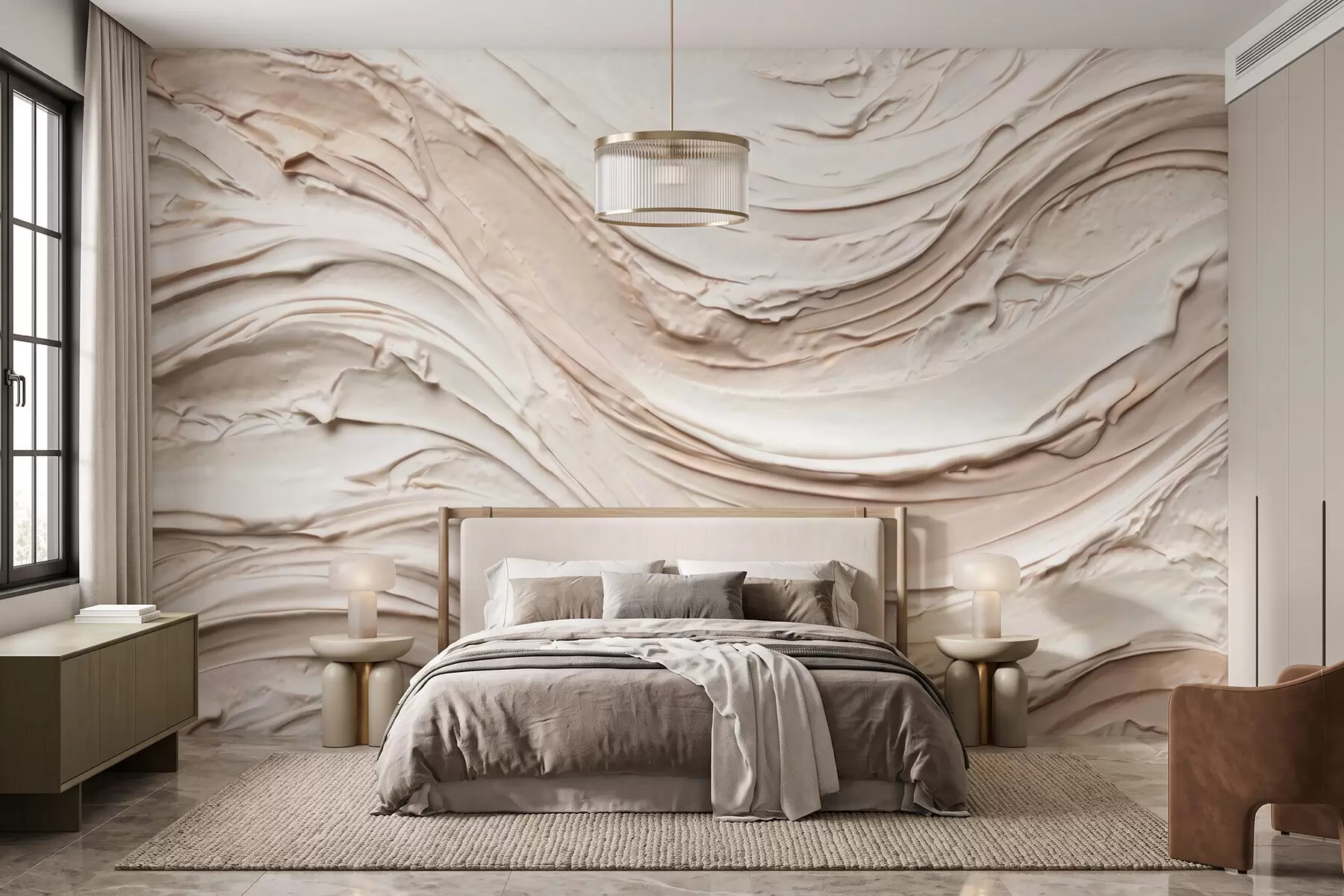 wall murals Warm cream-peach waves imitating textured plaster, abstract w09990
