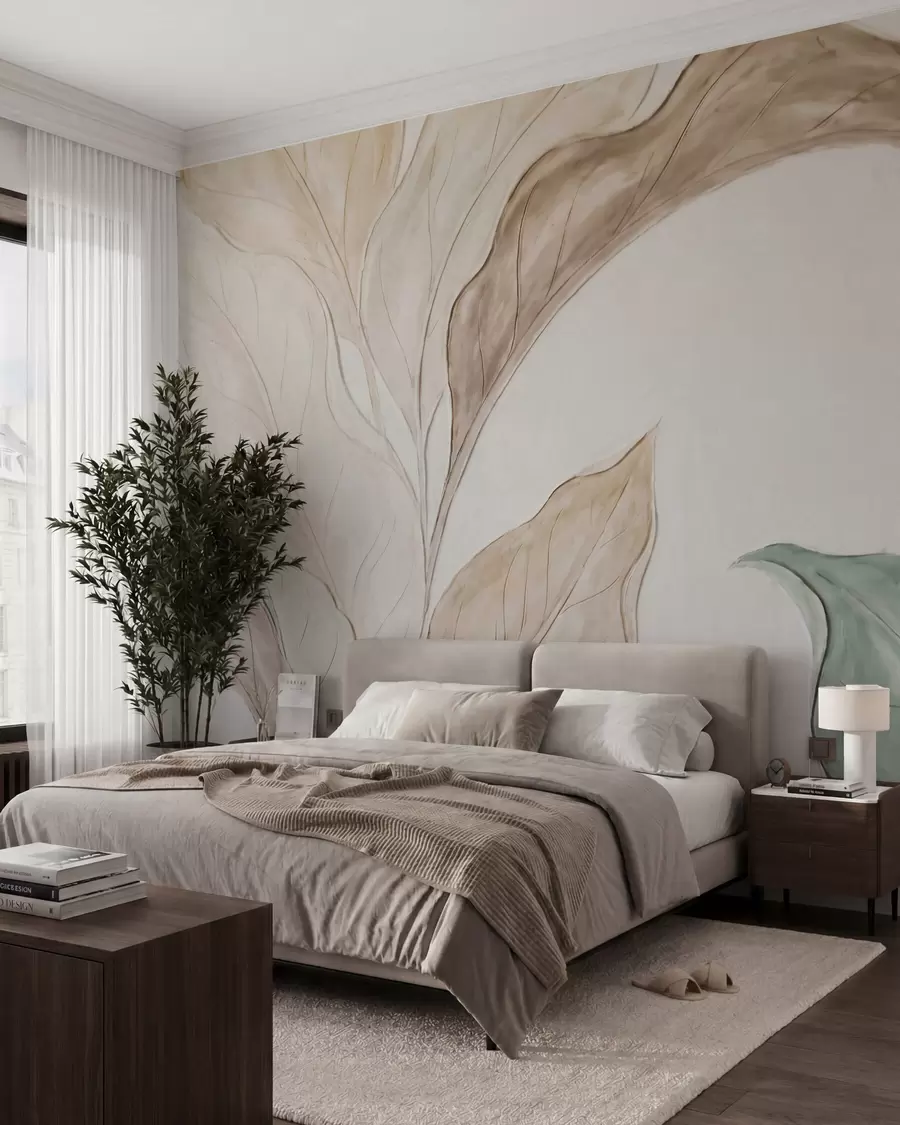 wall murals Imitation of relief molded, delicate beige-green leaves w09991