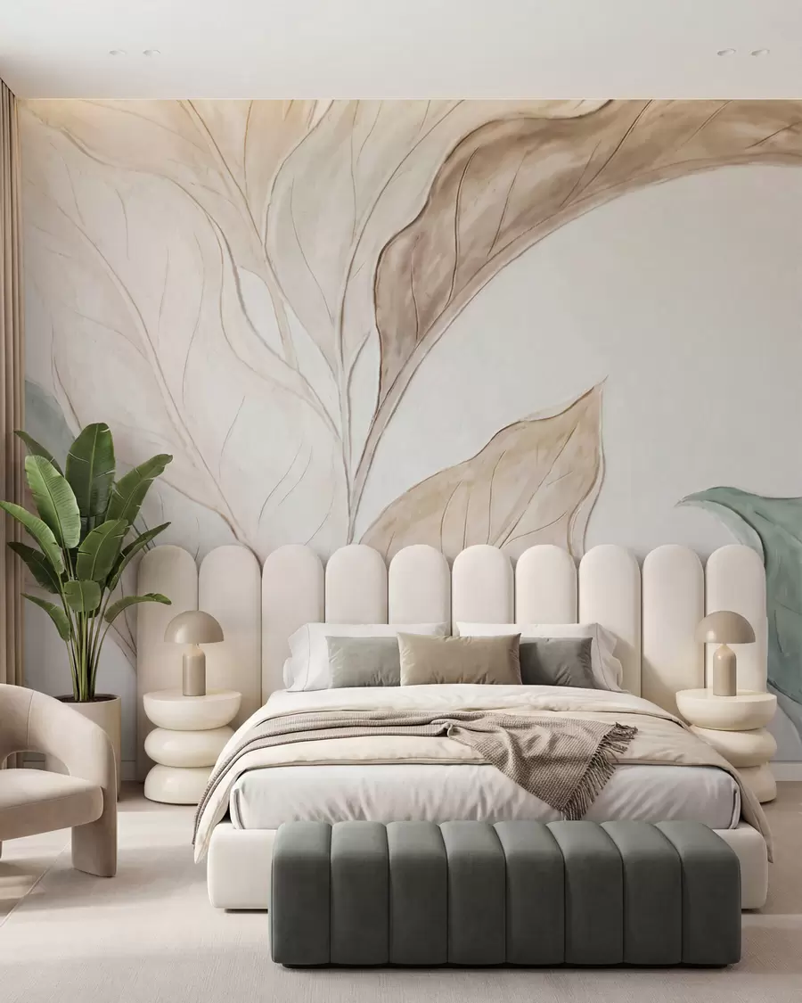 wall murals Imitation of relief molded, delicate beige-green leaves w09991