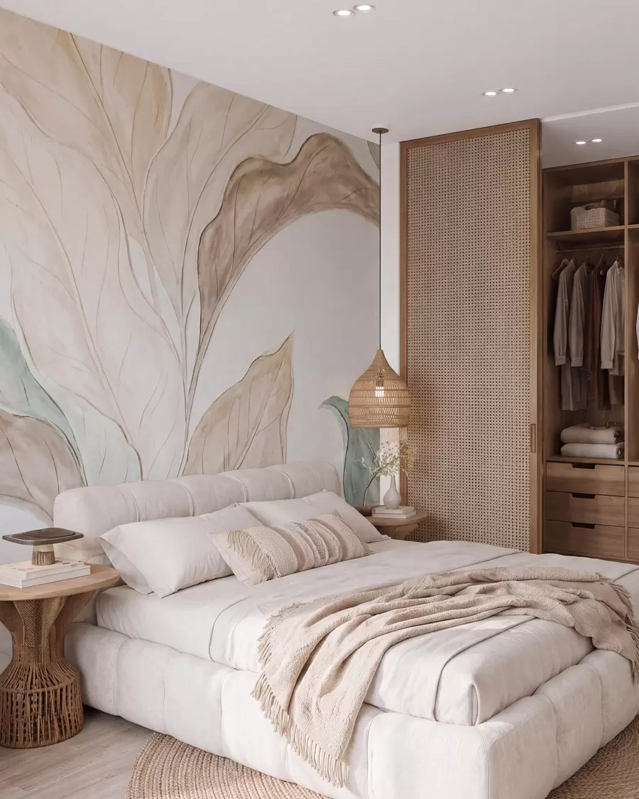 wall murals Imitation of relief molded, delicate beige-green leaves w09991
