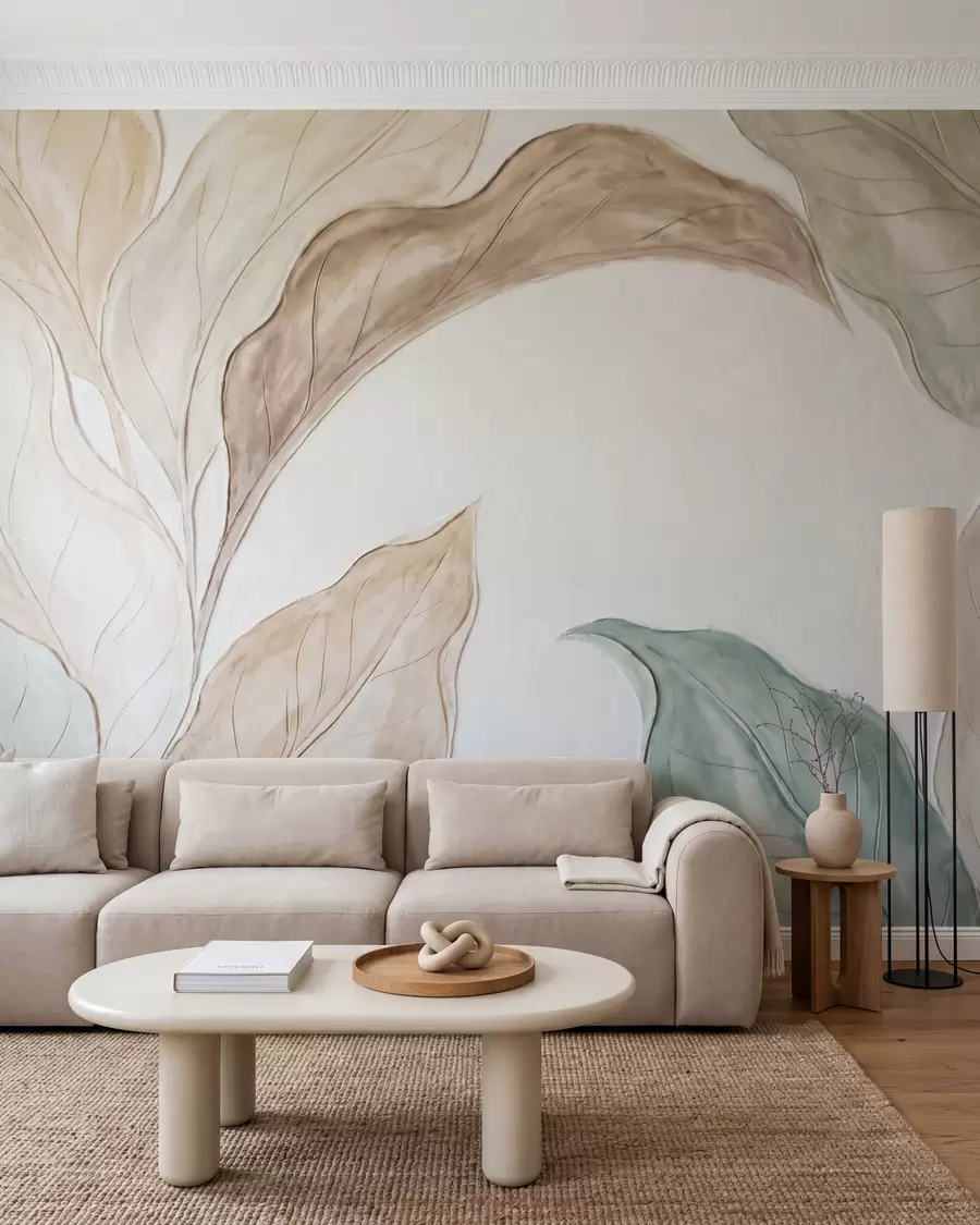 wall murals Imitation of relief molded, delicate beige-green leaves w09991