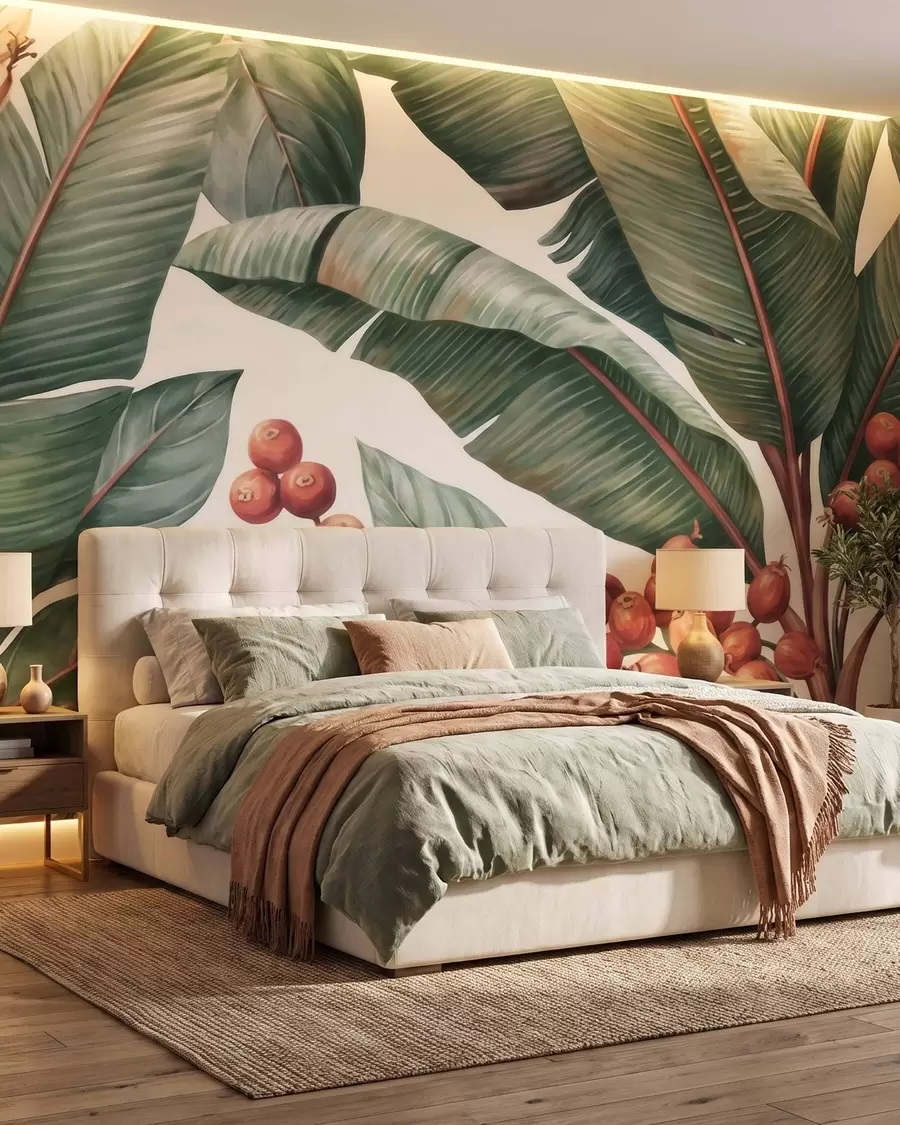 wall murals Tropical banana leaves with clusters of red coffee berries, watercolor style w09997