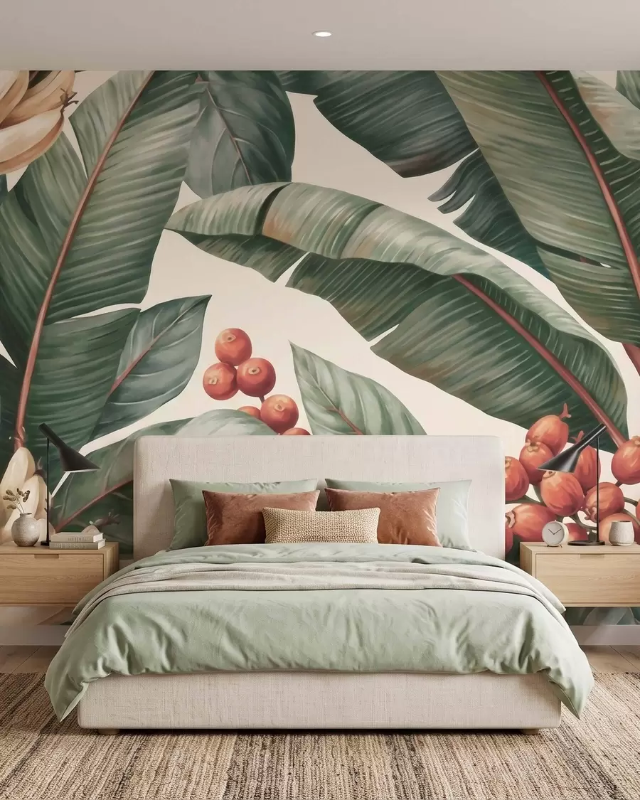 wall murals Tropical banana leaves with clusters of red coffee berries, watercolor style w09997