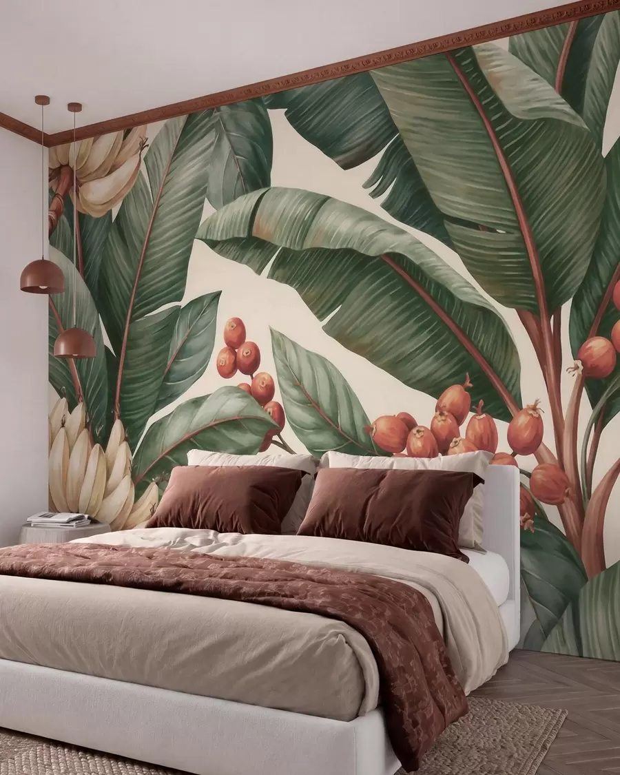 wall murals Tropical banana leaves with clusters of red coffee berries, watercolor style w09997