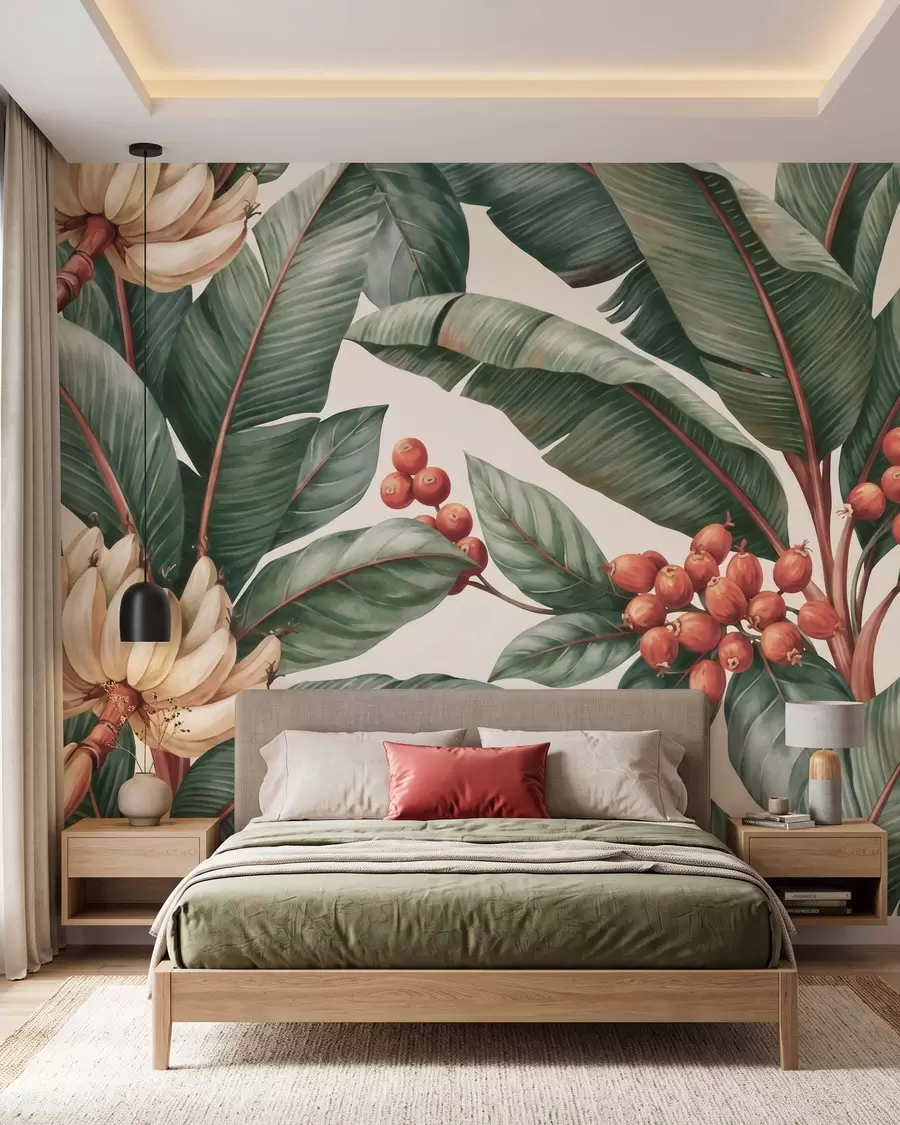 wall murals Tropical banana leaves with clusters of red coffee berries, watercolor style w09997
