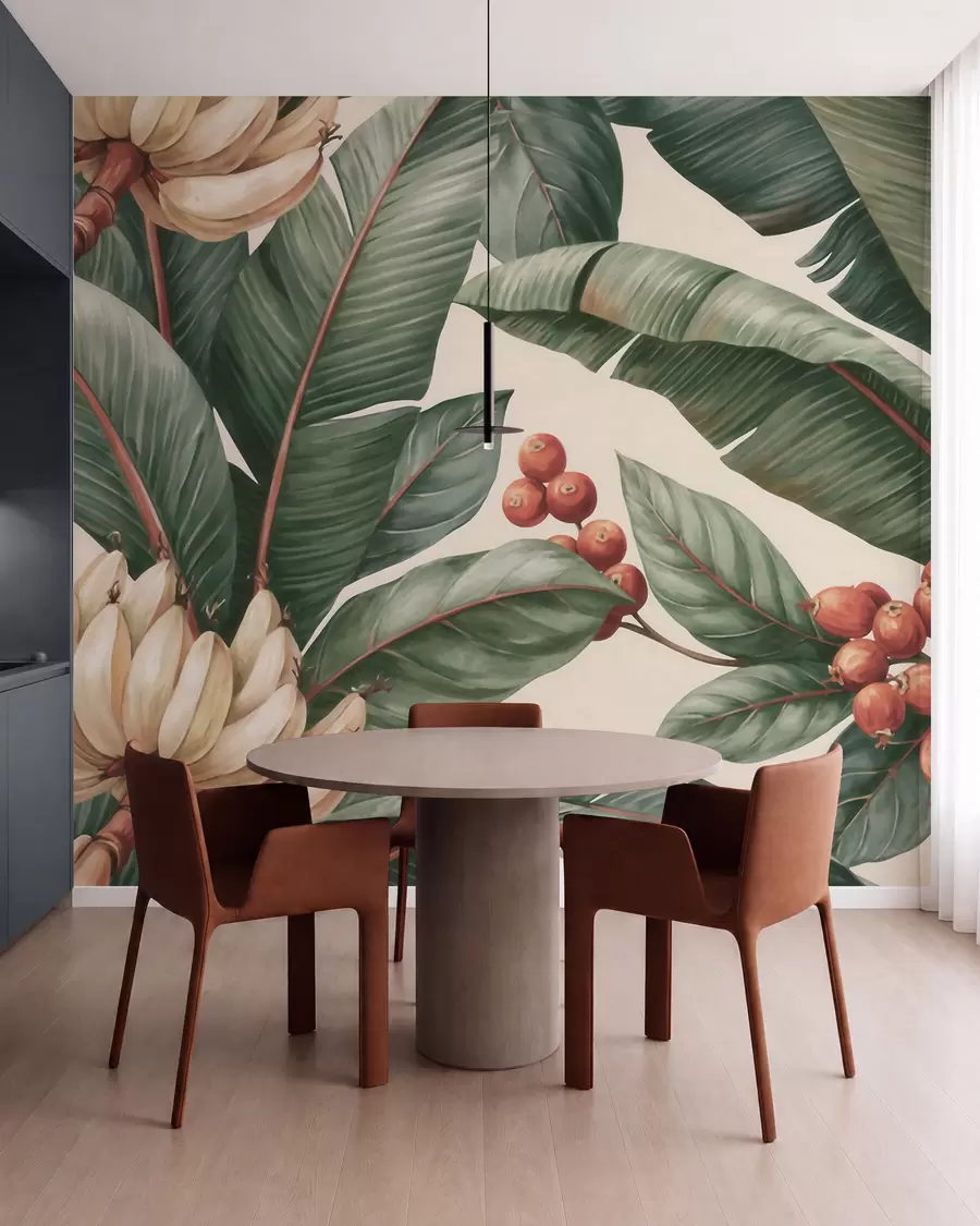 wall murals Tropical banana leaves with clusters of red coffee berries, watercolor style w09997