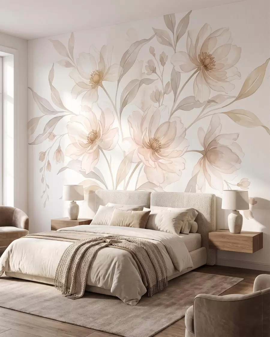 wall murals Airy peonies in soft powder-beige tones w10002