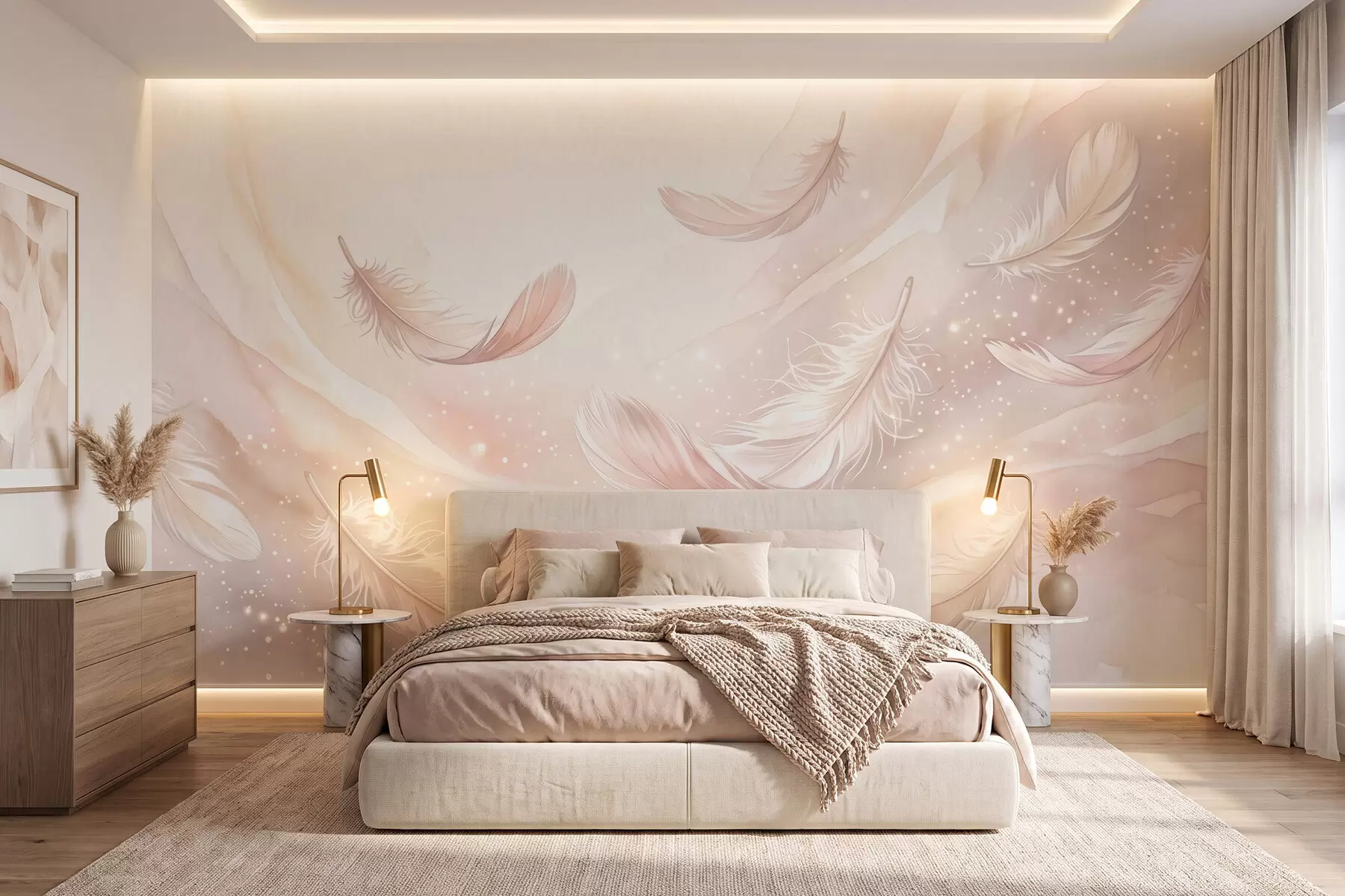 wall murals Delicate airy feathers in a peach-pink haze with shimmer w10003