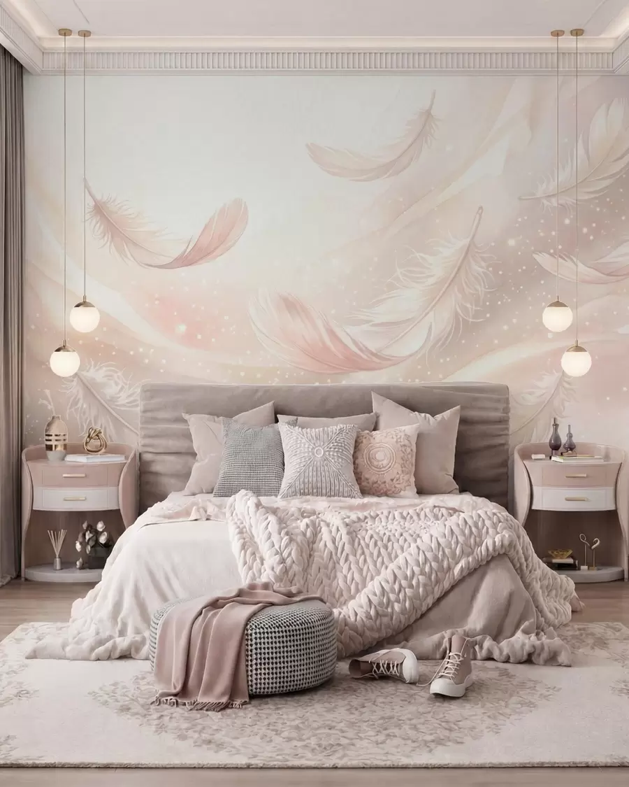 wall murals Delicate airy feathers in a peach-pink haze with shimmer w10003