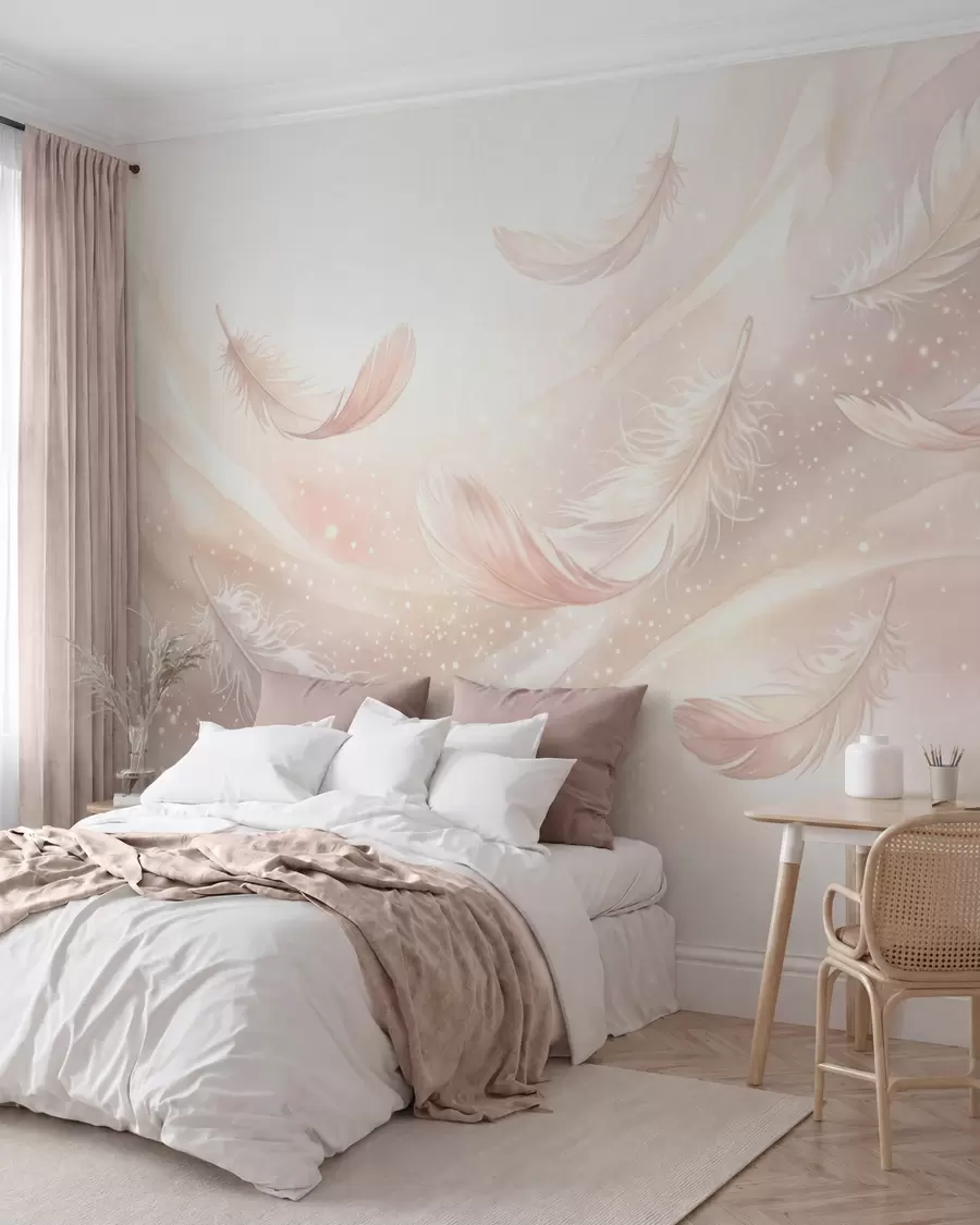 wall murals Delicate airy feathers in a peach-pink haze with shimmer w10003