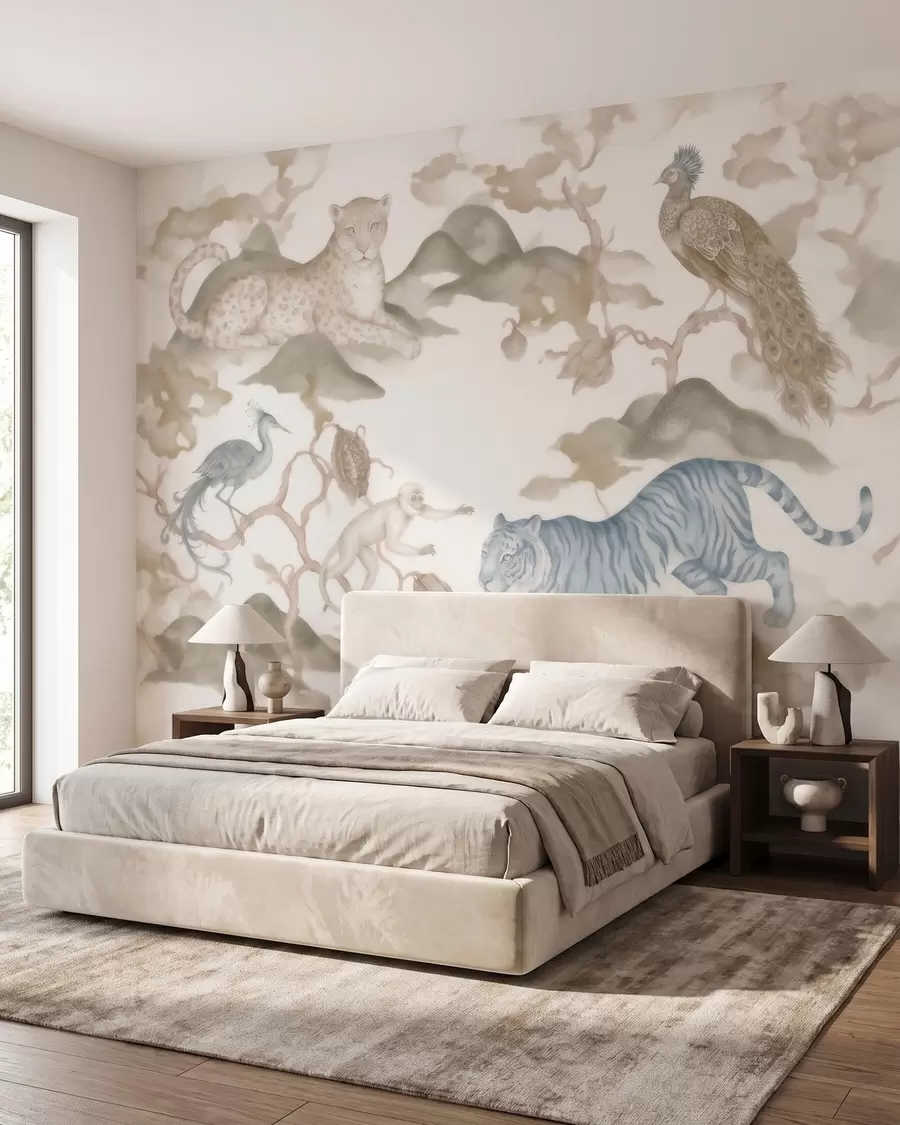 wall murals Imperial garden with oriental-style animals — monkey, leopard, tiger, peacock, and heron w10011
