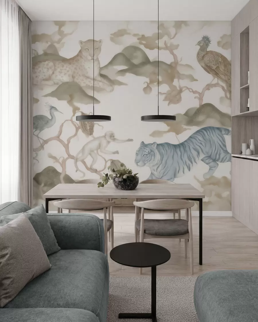 wall murals Imperial garden with oriental-style animals — monkey, leopard, tiger, peacock, and heron w10011