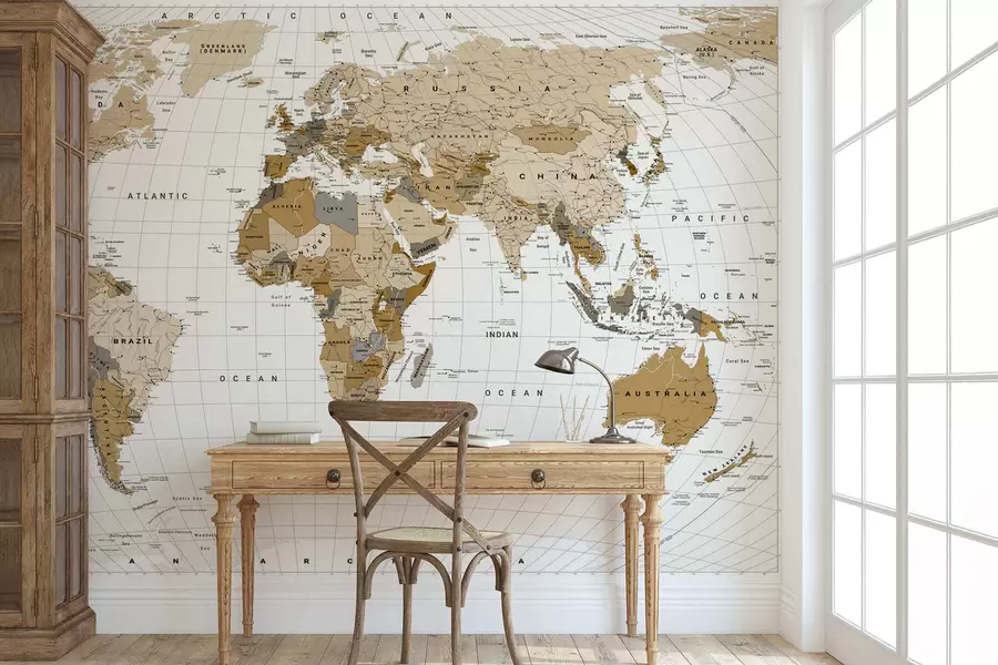 wall murals A brown political map of the world with flags in English c00016en