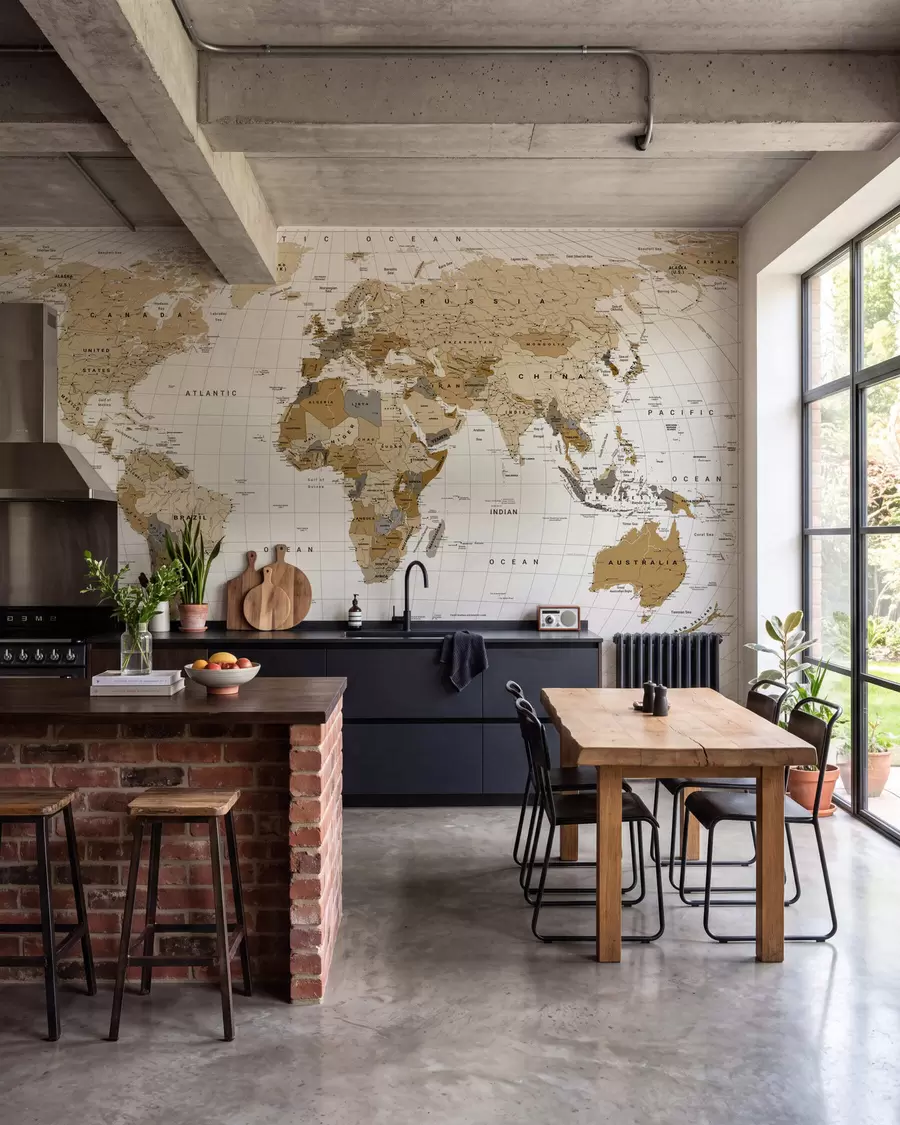 wall murals A brown political map of the world with flags in English c00016en