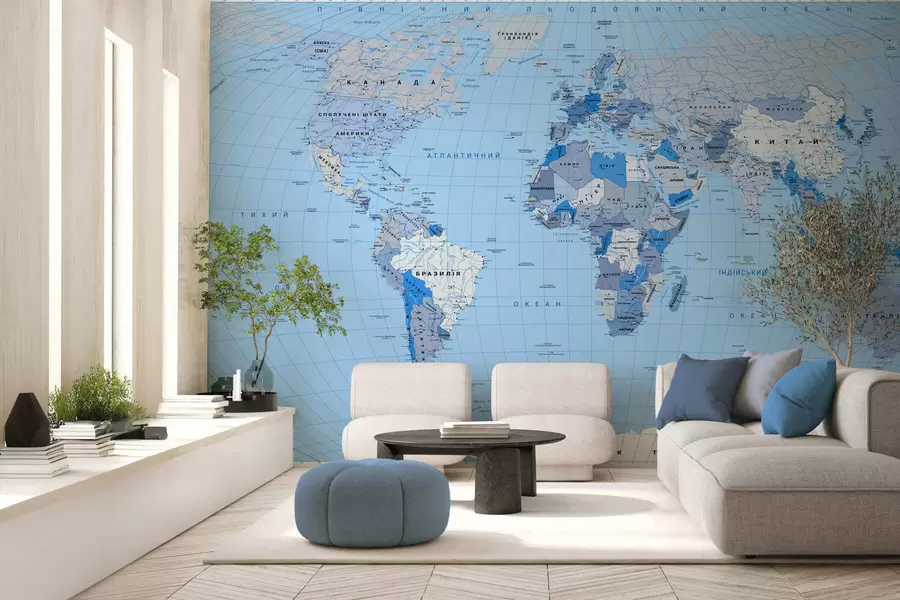 wall murals Blue political map of the world with flags, in Ukrainian c00016ukv2