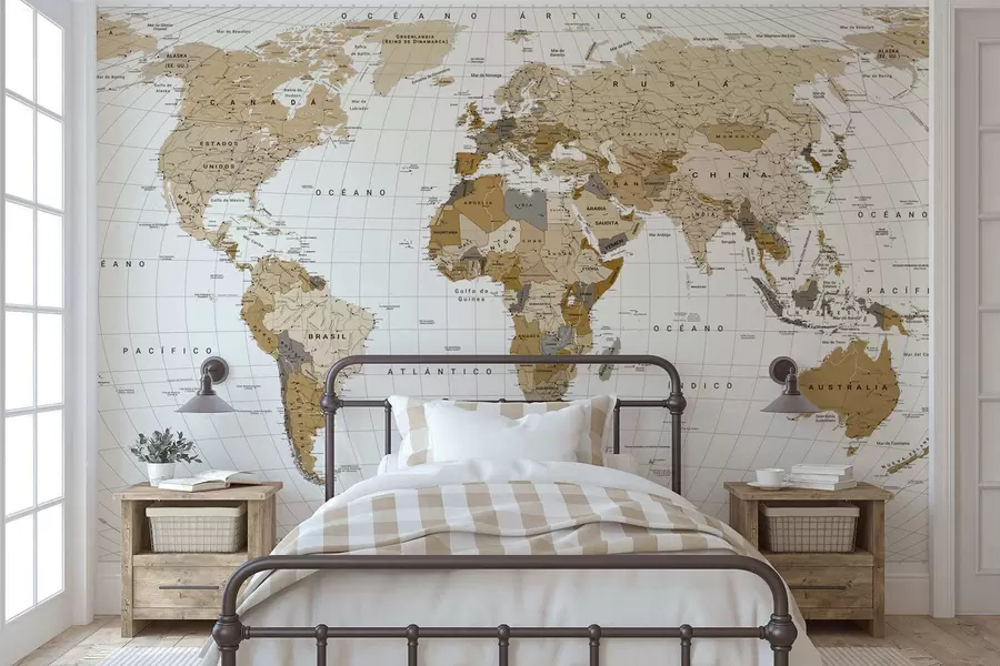 wall murals A brown political map of the world with flags in Spanish c00016es