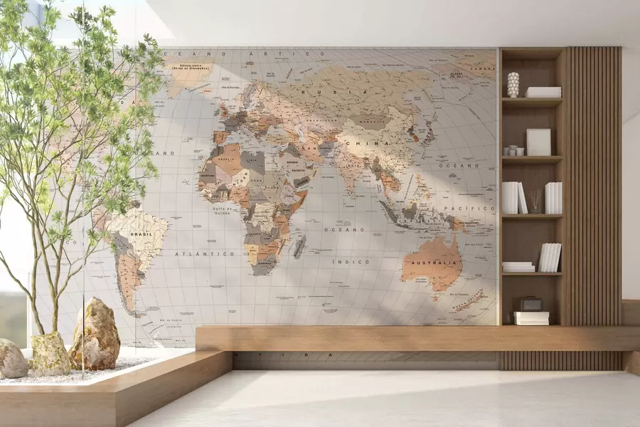 wall murals A beige political map of the world with flags in Spanish c00016esv1