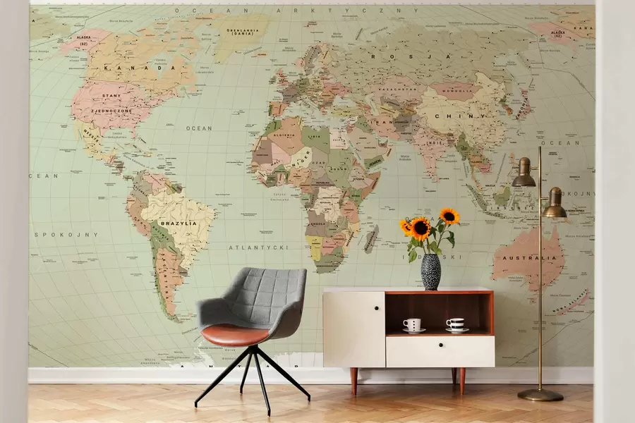 wall murals Olive-colored political map of the world with flags, in Polish c00016plv3