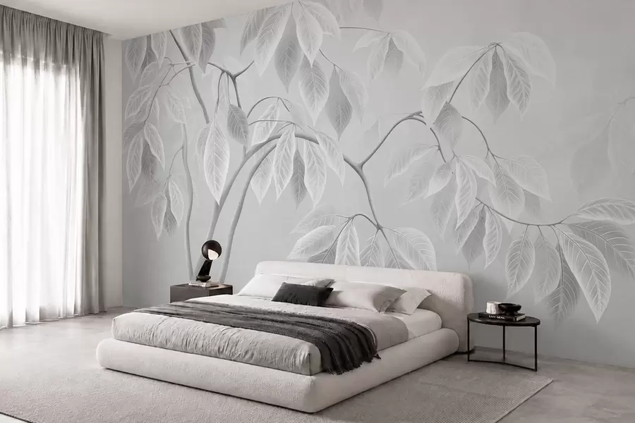 wall murals Pale branches with large leaves on a soft background w05806