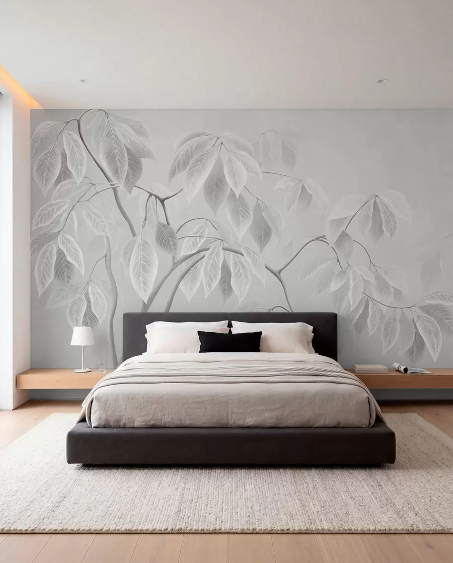 wall murals Pale branches with large leaves on a soft background w05806