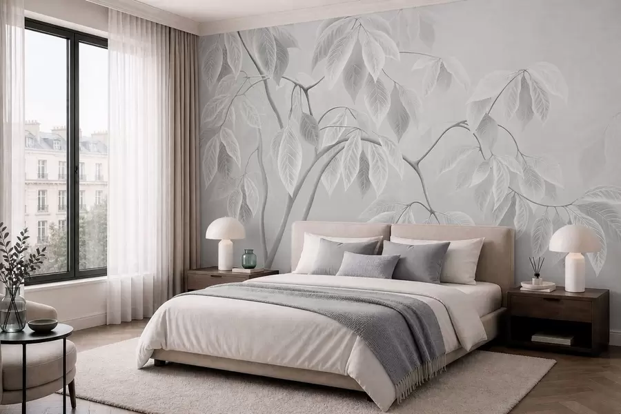 wall murals Pale branches with large leaves on a soft background w05806