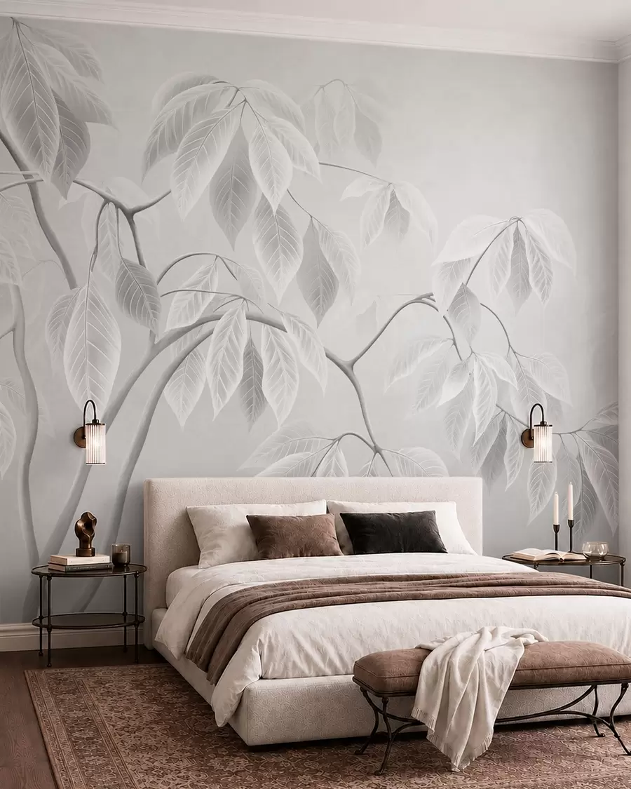 wall murals Pale branches with large leaves on a soft background w05806