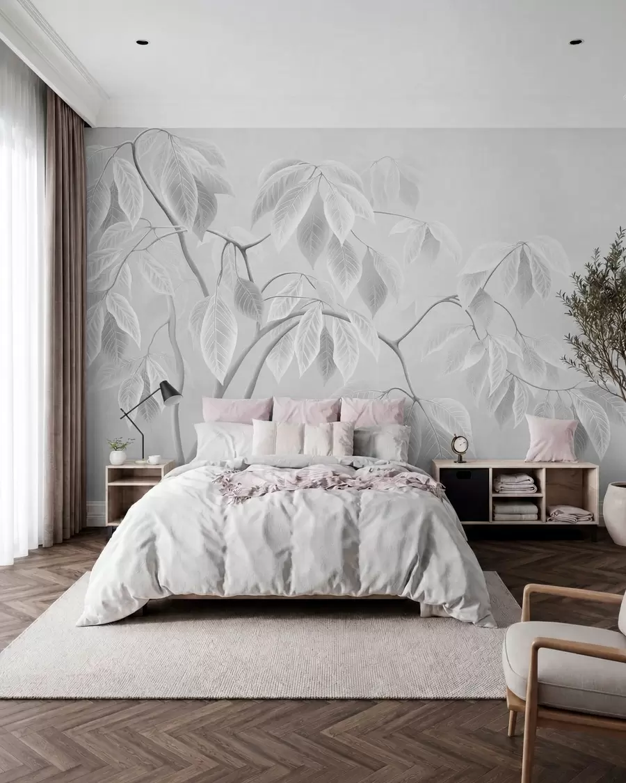 wall murals Pale branches with large leaves on a soft background w05806