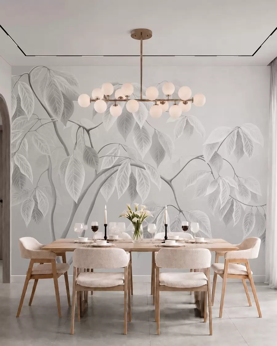 wall murals Pale branches with large leaves on a soft background w05806