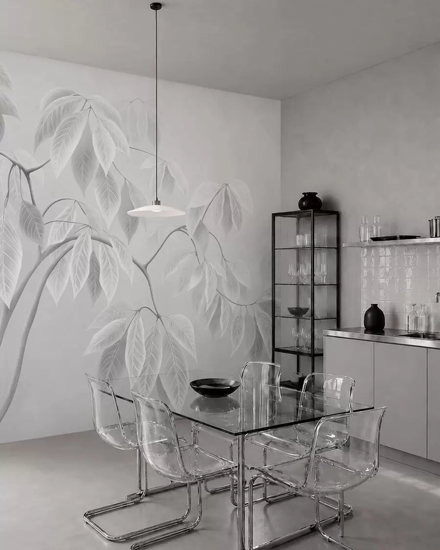 wall murals Pale branches with large leaves on a soft background w05806