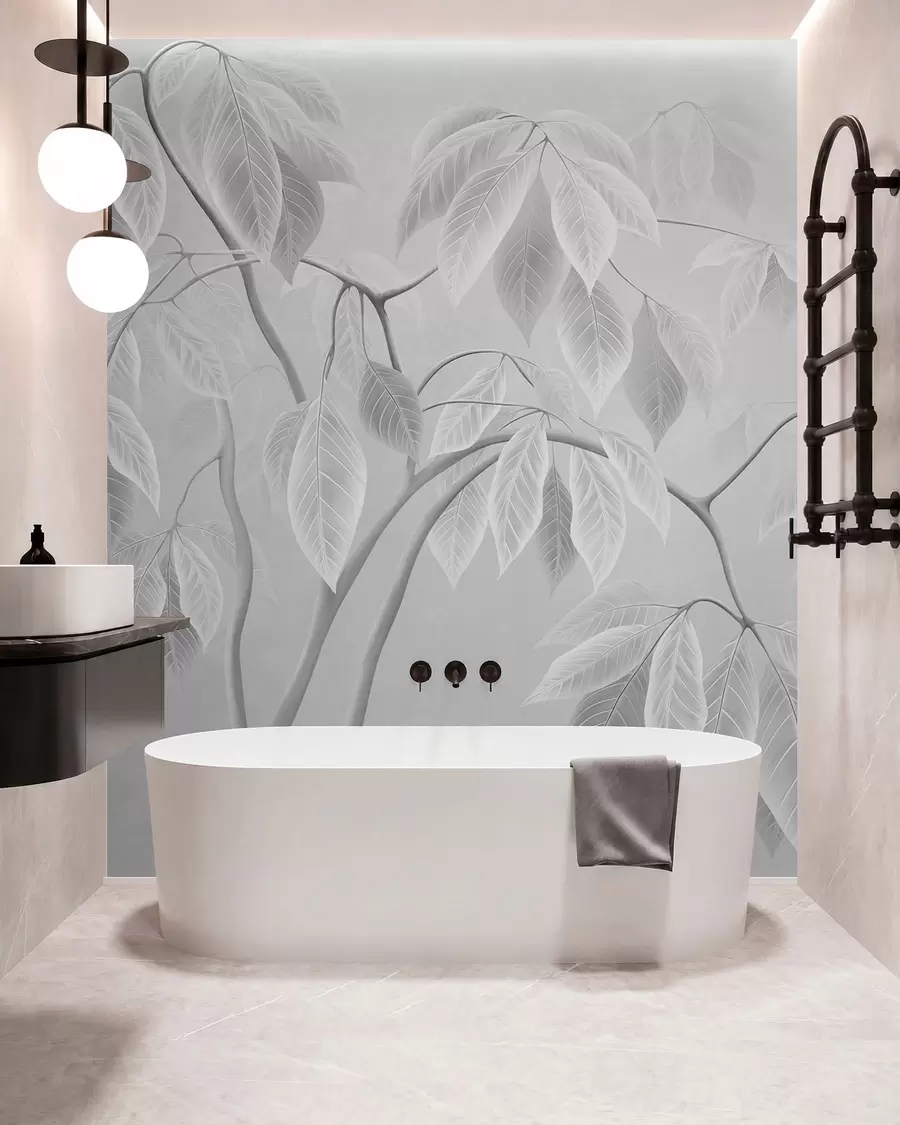 wall murals Pale branches with large leaves on a soft background w05806
