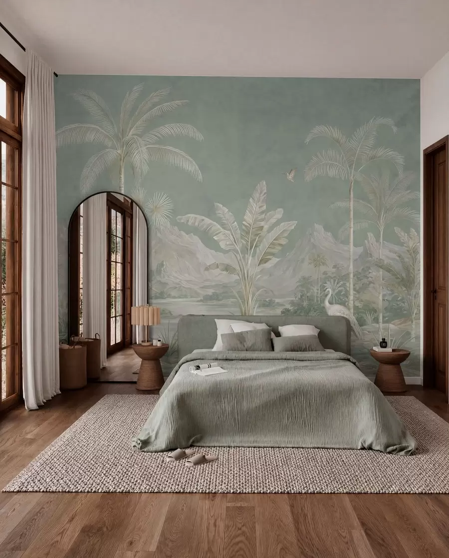 wall murals Tropical landscape in soft green tones w05819