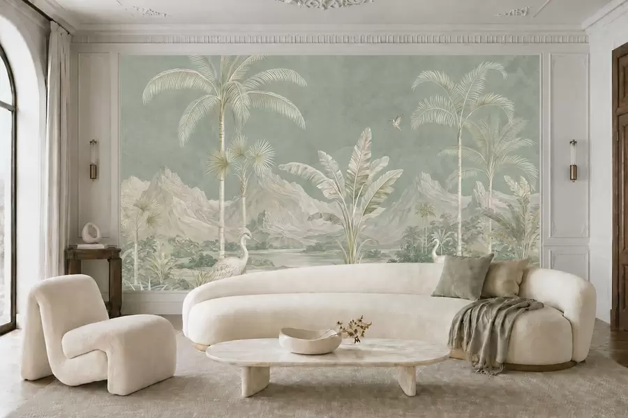 wall murals Tropical landscape in soft green tones w05819