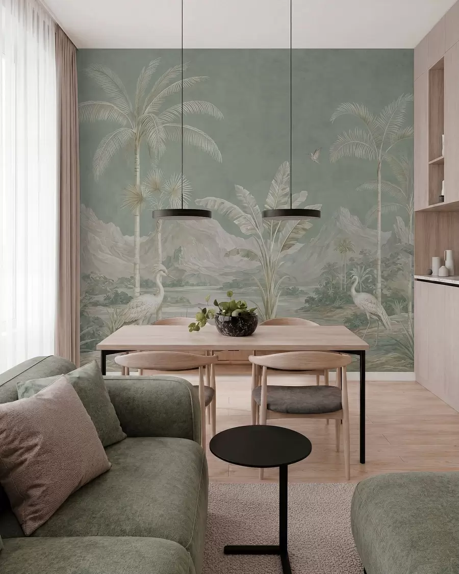 wall murals Tropical landscape in soft green tones w05819