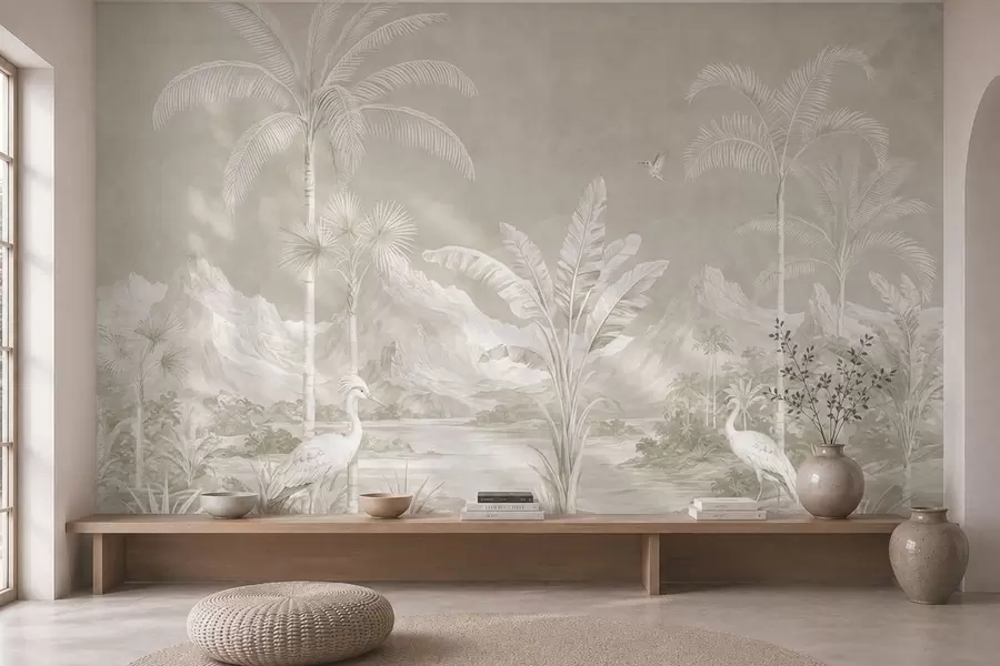wall murals Light tropical landscape with palms, birds and mountains w05819v1