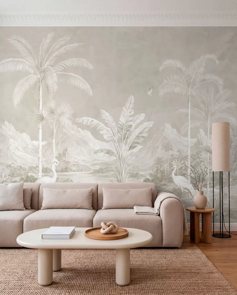 wall murals Light tropical landscape with palms, birds and mountains w05819v1