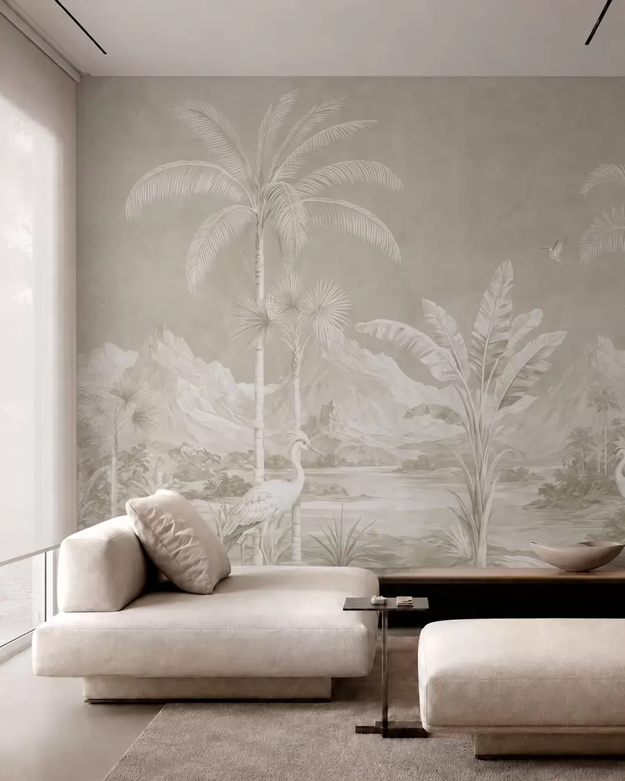 wall murals Light tropical landscape with palms, birds and mountains w05819v1