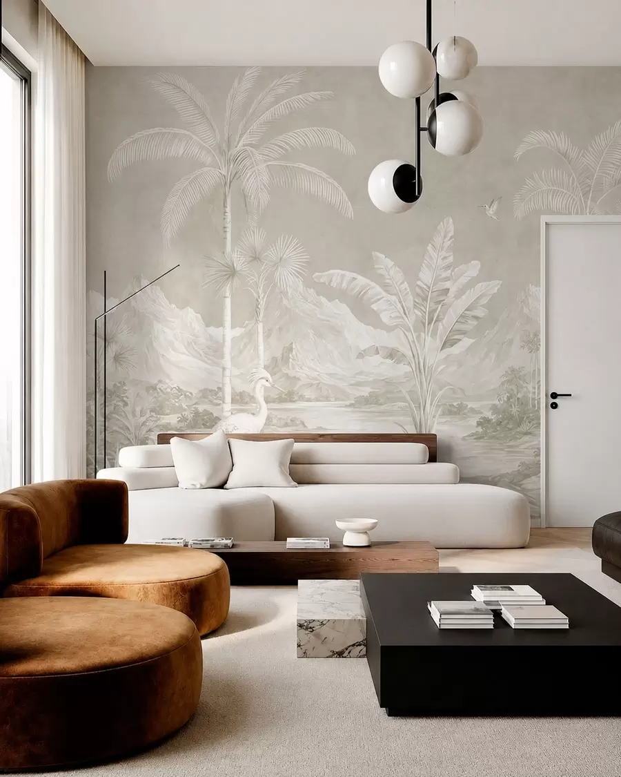 wall murals Light tropical landscape with palms, birds and mountains w05819v1