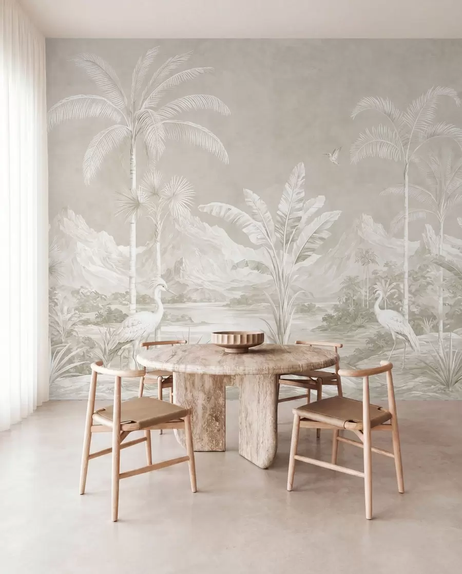 wall murals Light tropical landscape with palms, birds and mountains w05819v1