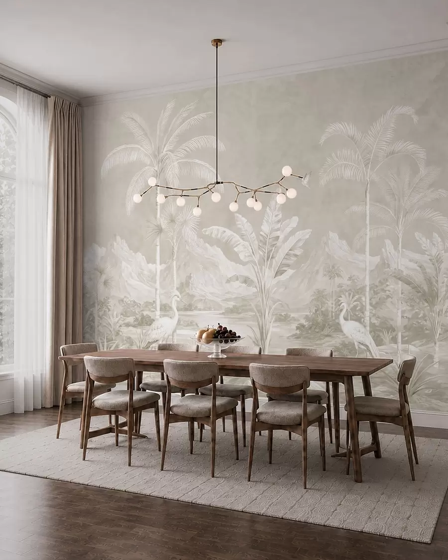 wall murals Light tropical landscape with palms, birds and mountains w05819v1