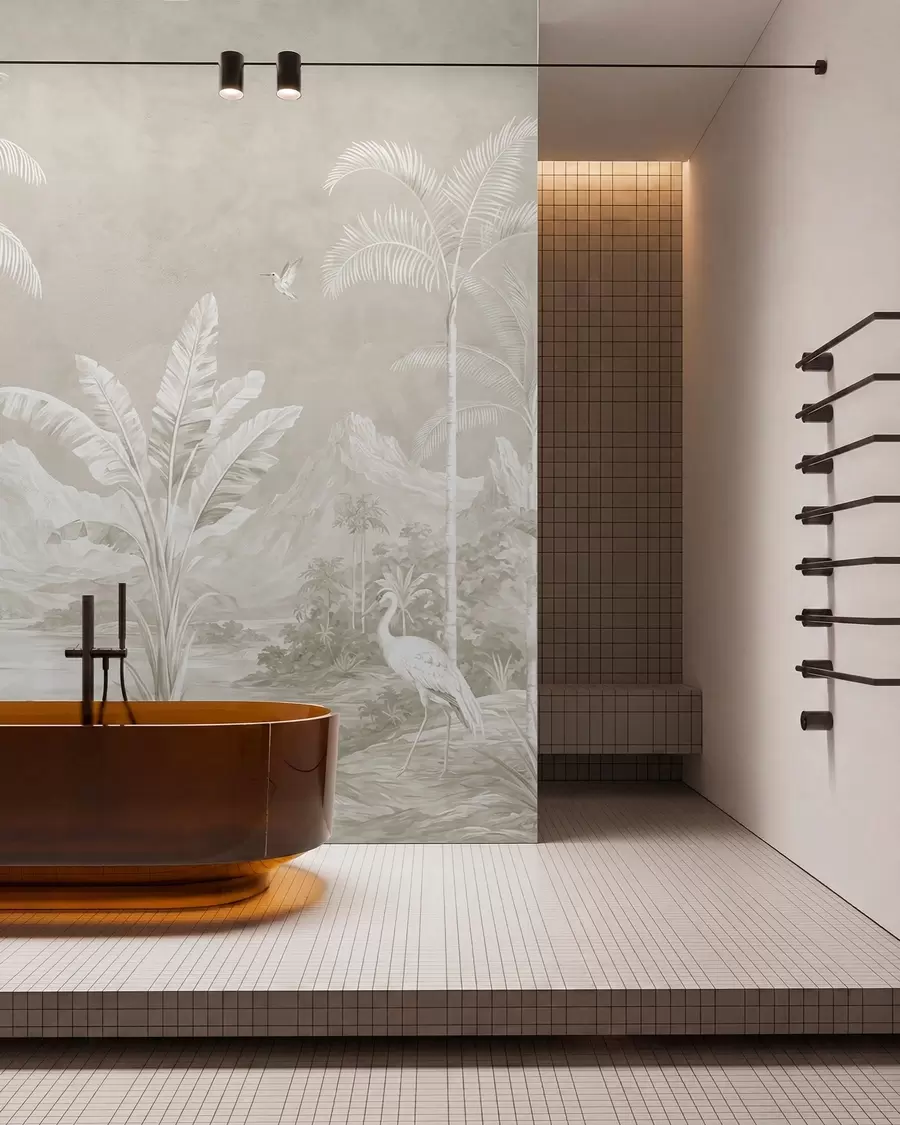 wall murals Light tropical landscape with palms, birds and mountains w05819v1