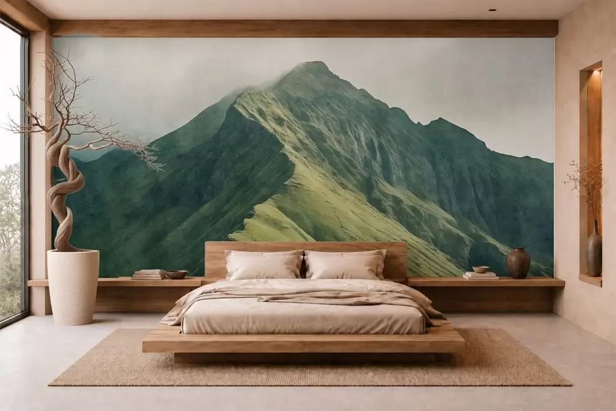 wall murals Mountain malachite with green slopes and a peak wrapped in soft mist w05820