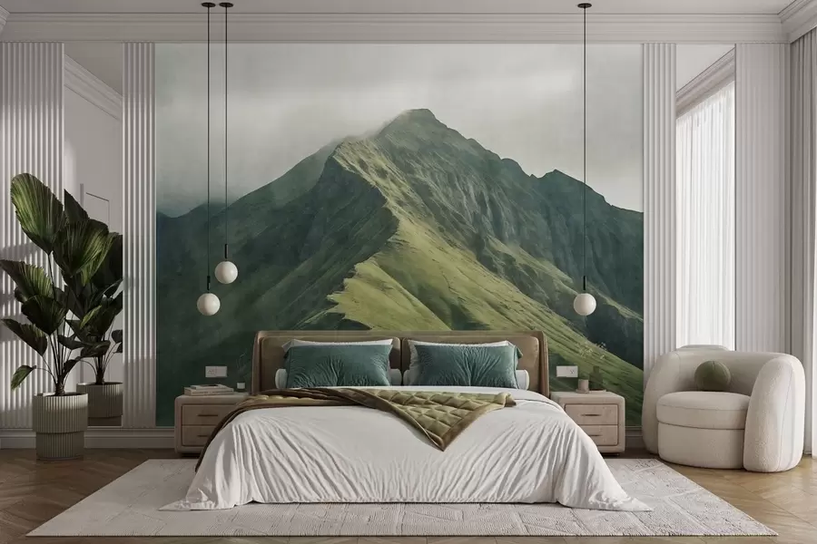 wall murals Mountain malachite with green slopes and a peak wrapped in soft mist w05820