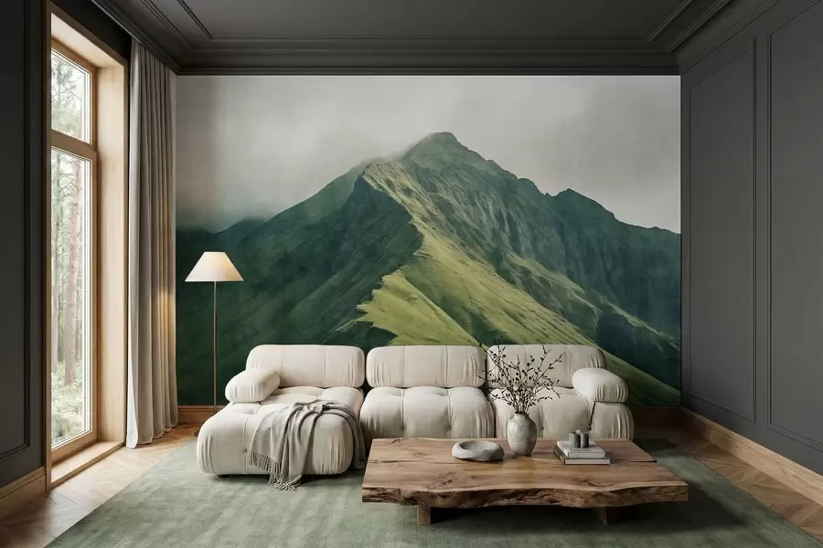 wall murals Mountain malachite with green slopes and a peak wrapped in soft mist w05820