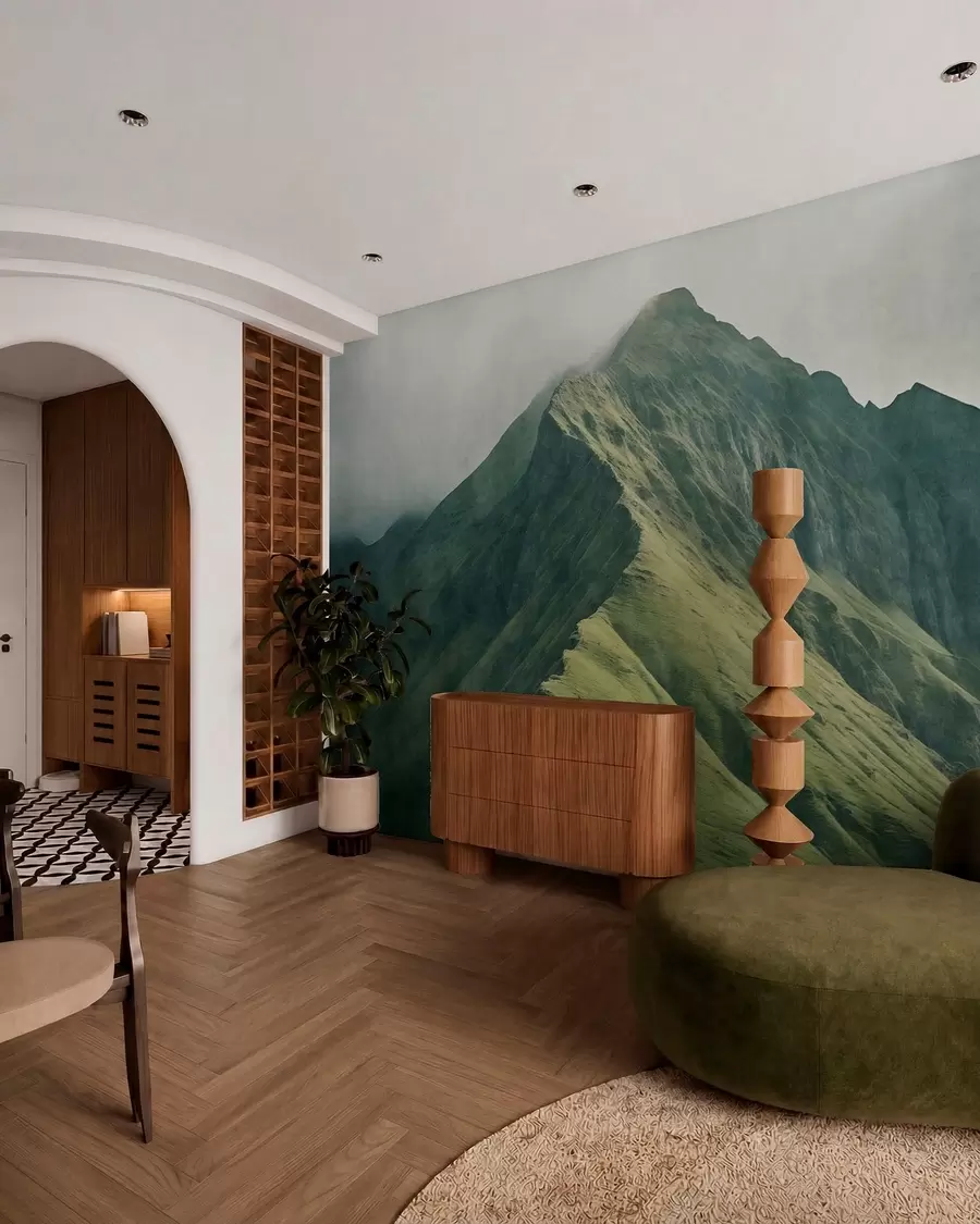 wall murals Mountain malachite with green slopes and a peak wrapped in soft mist w05820