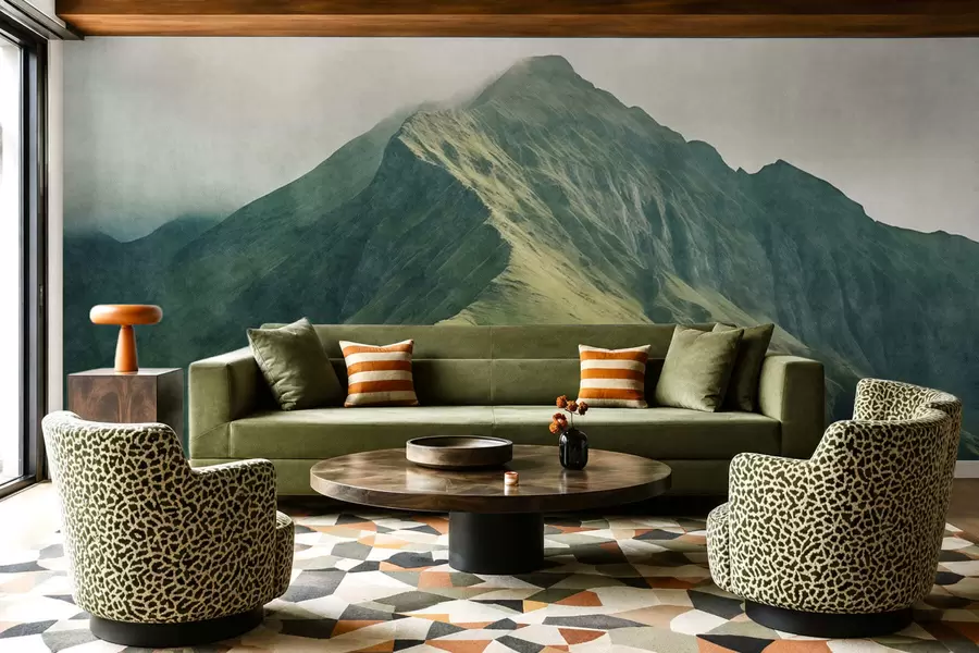 wall murals Mountain malachite with green slopes and a peak wrapped in soft mist w05820